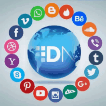 a globe is surrounded by social media icons and the word edn is in the center