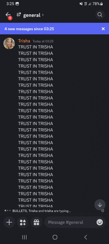 a phone screen shows a list of messages including one from trisha