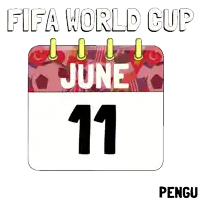 a penguin is holding two soccer balls in front of a calendar which says fifa world cup