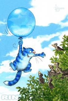 a drawing of a blue cat holding a blue balloon with the year 2022 on the bottom