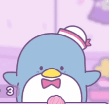 a penguin wearing a hat and bow tie is holding an ice cream ball .