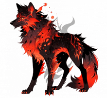 a drawing of a black and red wolf with flames on its body