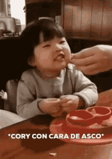 a little girl is sitting at a table with a plate of food and a person is feeding her .