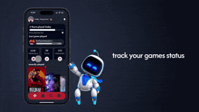 a robot is standing next to a phone that says track your game status