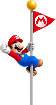 mario is hanging from a pole with a red m flag