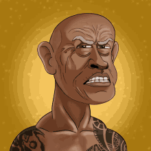 a cartoon drawing of a bald man with tattoos on his shoulder