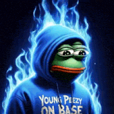 a frog in a blue hoodie that says young peezy on base