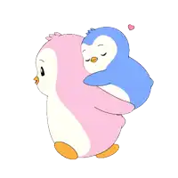 a pink penguin carrying a blue penguin on her back