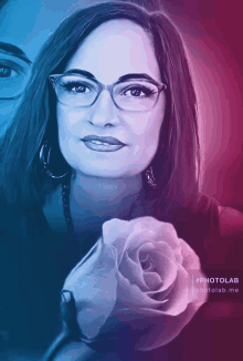 a painting of a woman with glasses and a rose with the words photolab at the bottom