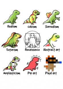 a drawing of dinosaurs with different art styles including cubism realism futurism and neoplasticism