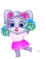 a cartoon cheerleader is wearing a pink dress and holding blue and yellow pom poms