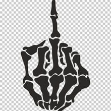 a black and white skeleton hand giving the middle finger .