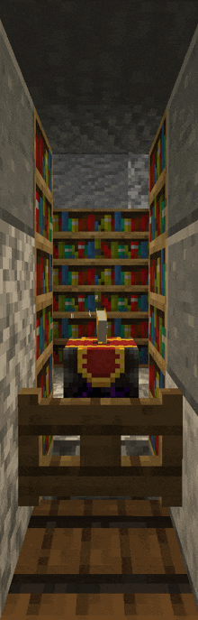 a minecraft room with bookshelves and a table with a red table cloth on it