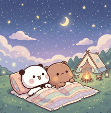 a couple of bears laying on a blanket in front of a tent at night