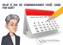 a cartoon of a man standing next to a calendar that says " mateus gama rodrigues "