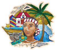 a drawing of a woman surrounded by various symbols including a palm tree