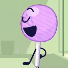 a purple lollipop with a smiley face and a stick arm