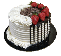 a white and chocolate cake with strawberries on top and the letters ac on the bottom