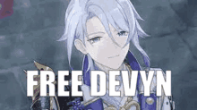 a man with white hair and blue eyes is standing in front of a sign that says `` free devynn '' .