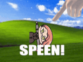 a cartoon of a girl holding a knife and the words speen on the grass
