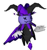 a purple and black cartoon character with a dead face