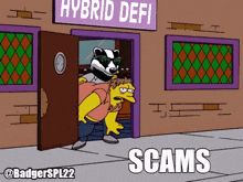 a badger is carrying a man in front of a building that says hybrid defi