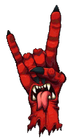 a cartoon devil hand making a rock and roll sign with its tongue sticking out