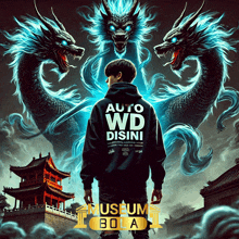 a man in a black hoodie that says auto wd disini stands in front of two dragons