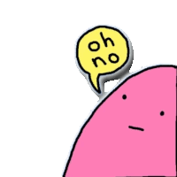 a pink cartoon character with a yellow speech bubble that says " oh no "