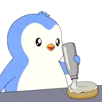 a cartoon penguin is pouring whipped cream on a doughnut