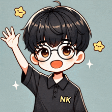 a boy wearing glasses and a black shirt with the letter nk on it