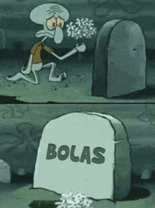 squidward from spongebob squarepants is kneeling in front of a grave with the name bolas on it .