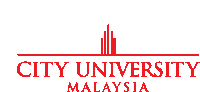 a red logo for city university malaysia with a building in the background