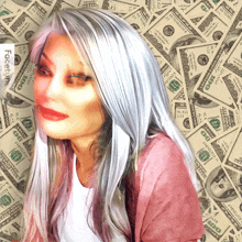 a woman with gray hair is standing in front of a pile of money