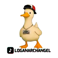 a white duck wearing a red hat and a necklace with the words loganarchangel below it