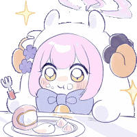 a drawing of a girl with pink hair sitting at a table with a plate of food and a fork