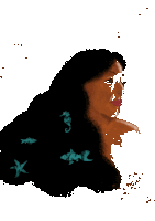 a drawing of a woman with long black hair and seahorses in her hair