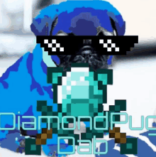 a pug wearing sunglasses and holding a diamond with the words diamond pug dab below it