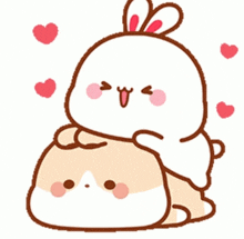 a cartoon rabbit is hugging a dog with hearts surrounding them .