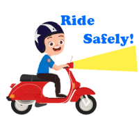 a boy is riding a red scooter with a flashlight and the words ride safely