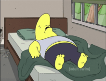 a cartoon character is laying on a bed with the words [ adult swim ] on the bottom right