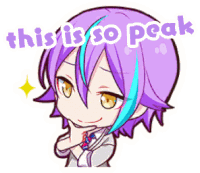 a cartoon of a boy with purple hair and the words this is so peak above him