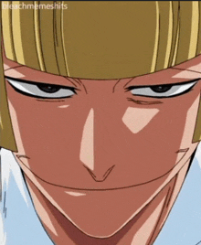 a close up of a bleach character 's face with a yellow haircut .