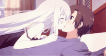 a girl with long white hair kissing a boy on the forehead