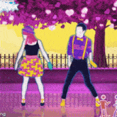 a man and a woman are dancing in front of a tree with purple flowers