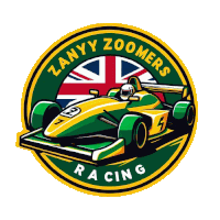 a logo for zany zoomers racing has a green and yellow race car