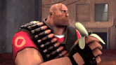 a cartoon character holding a banana with a fist emblem on his arm