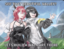 two anime girls are standing next to each other with the caption " see that beautiful valley "