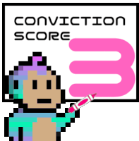 a pixel art of a monkey pointing at a sign that says " conviction score 3 "