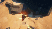 a person in a video game is standing on a sandy surface